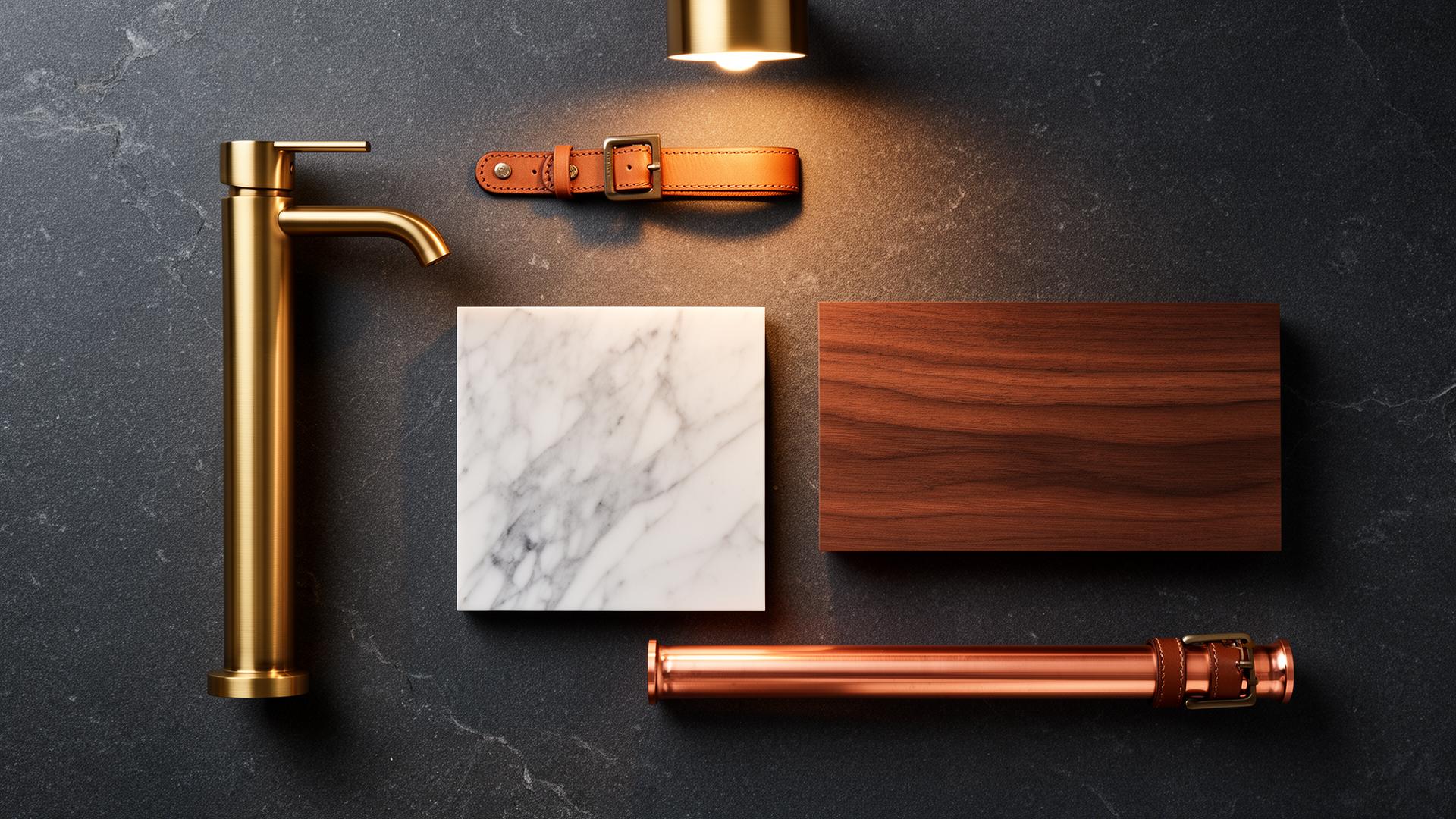 A flat lay of premium bathroom materials — brushed brass, marble, walnut, copper.